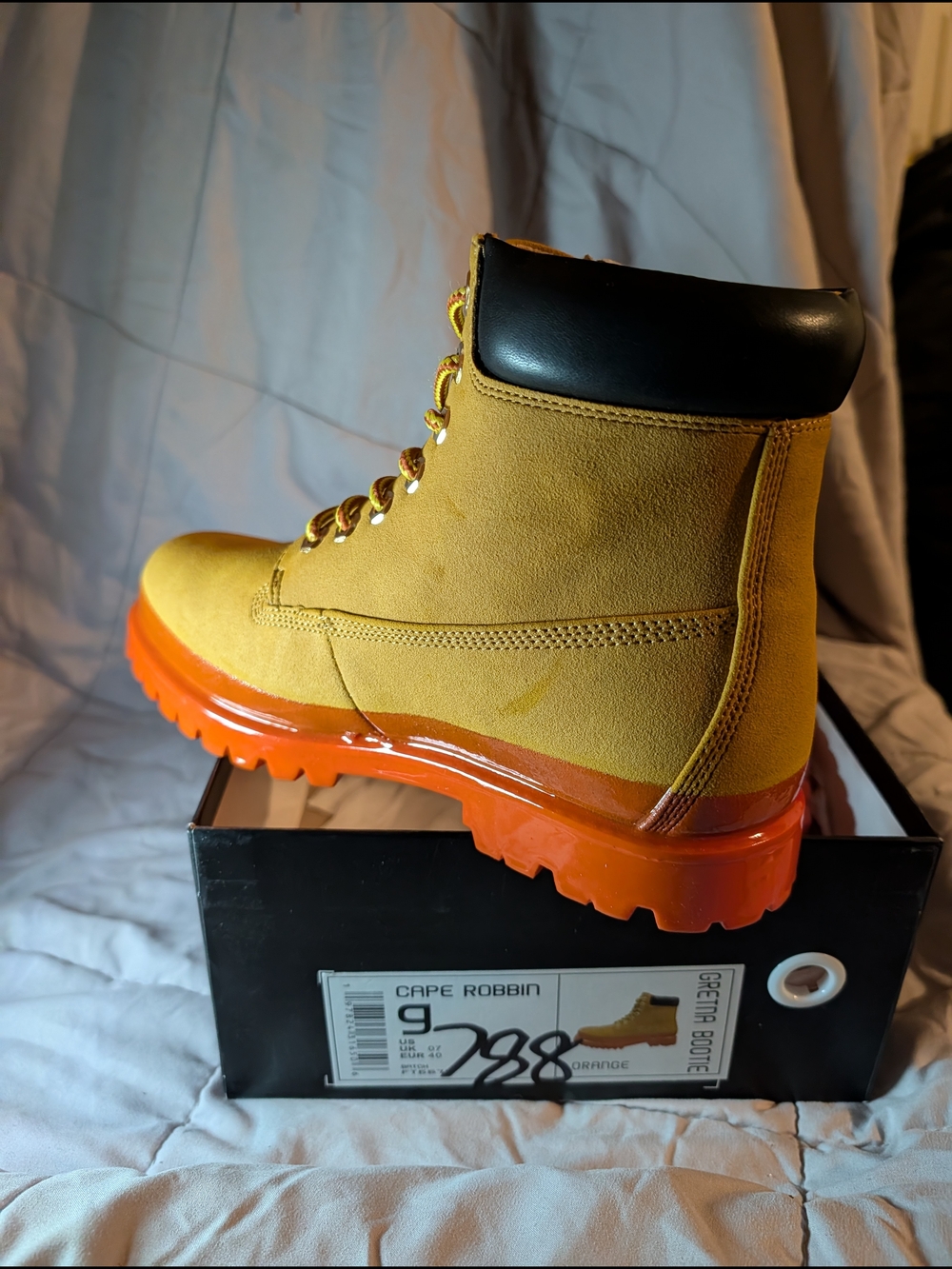 cape robbin greta boot |  orange sole + tan suede | men size 9
